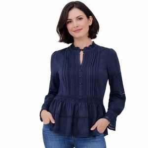 Octavia Navy Ruffled Peplum Blouse with Mandarin Collar